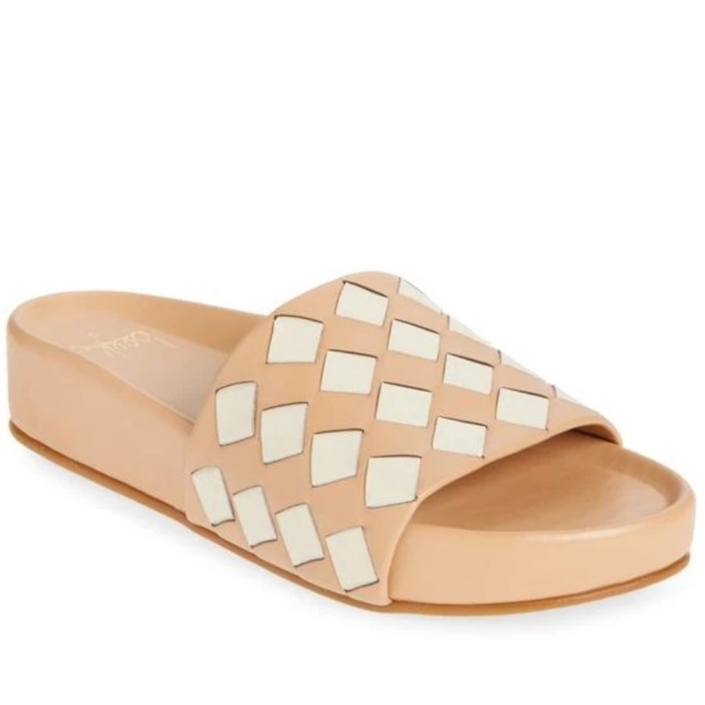 Beek Pelican woven leather slide sandals beach tan/eggshell Size 8